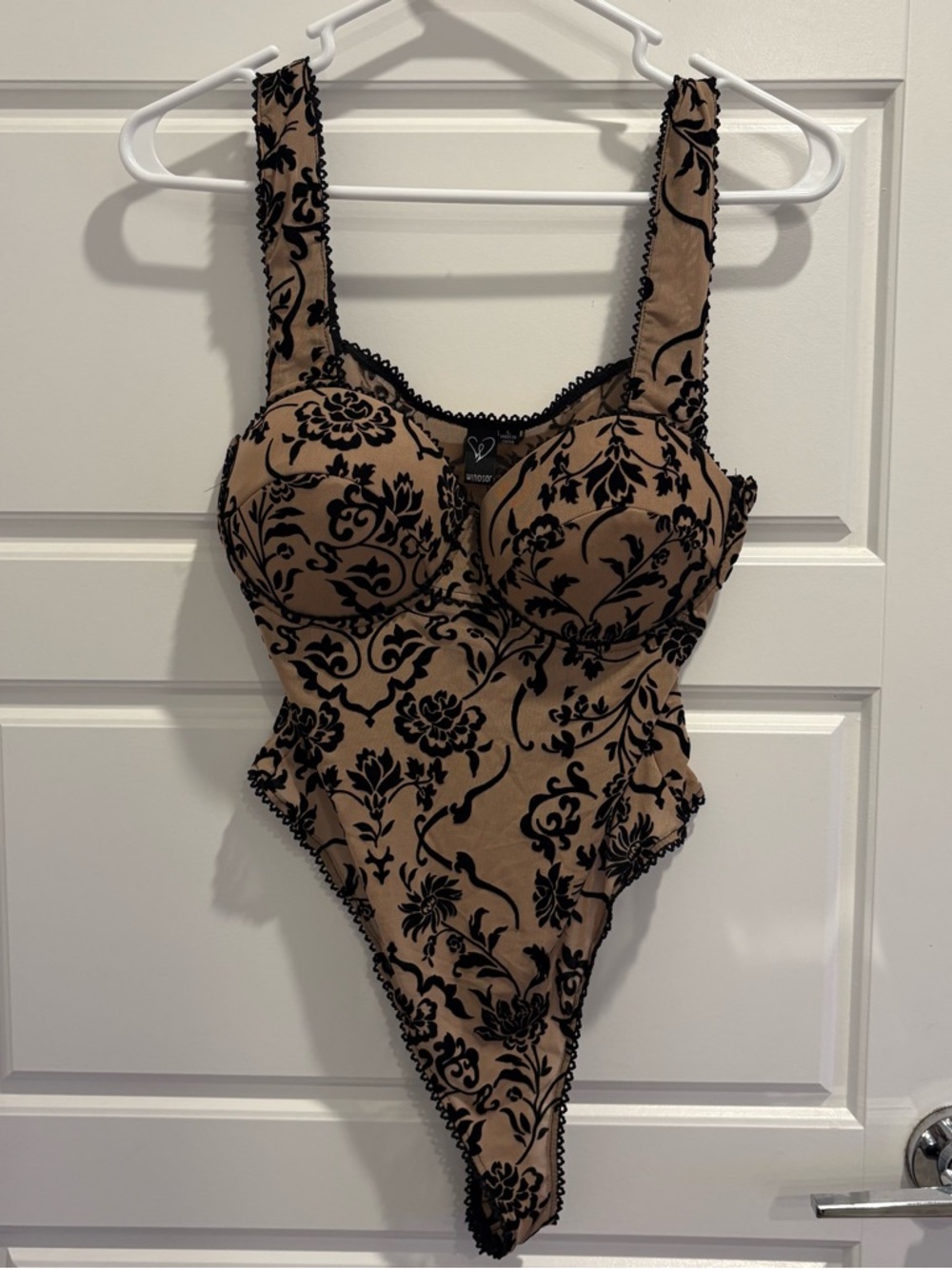 Windsor Flocked Mesh Bodysuit Nude Black Floral Corset L